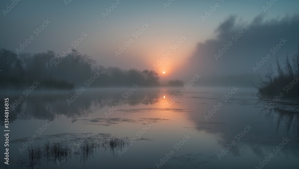 Fototapeta premium Sunrise reflections on the water during a misty morning.