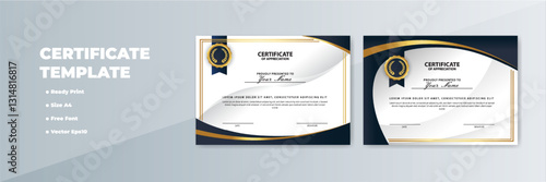 Elegant A4 certificate template design; gold, navy; print-ready
