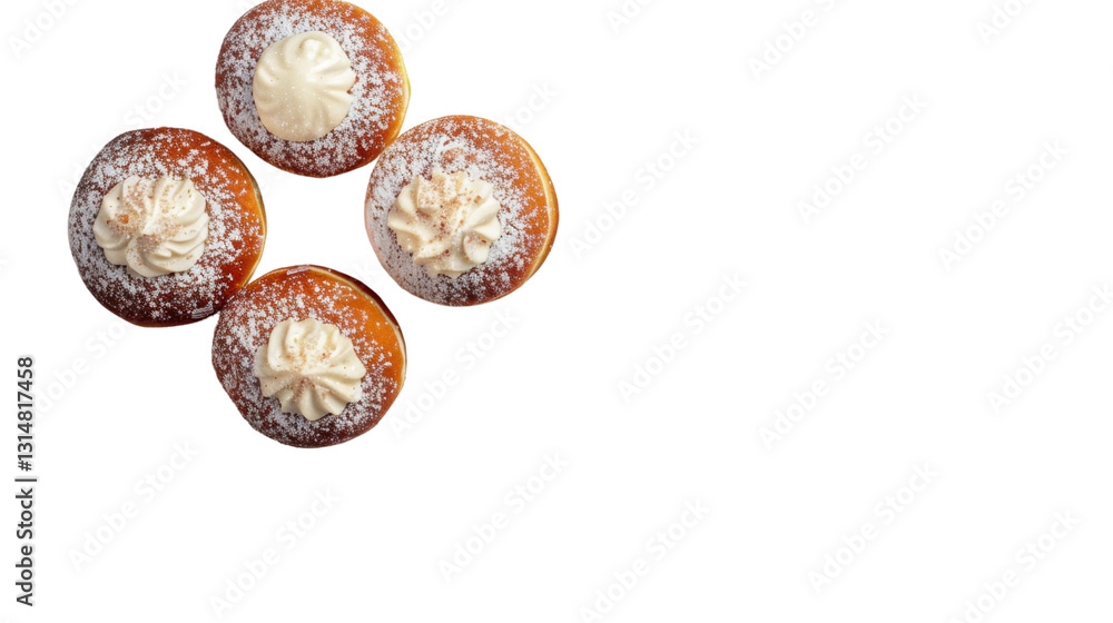 Four donuts floating on transparent background, topped with cream and powdered sugar Four donuts floating on transparent background, topped with cream and powdered sugar