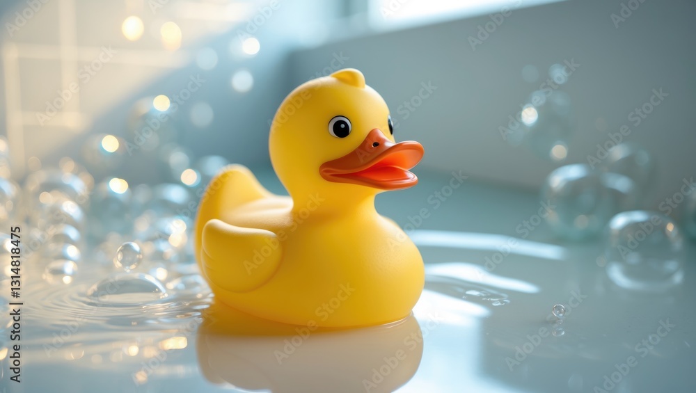 Cute rubber duck resting on white bathroom countertop accompanied by soap bubbles, space available for text, horizontal layout. Cute rubber duck resting on white bathroom countertop accompanied by soap bubbles, space available for text, horizontal layout.