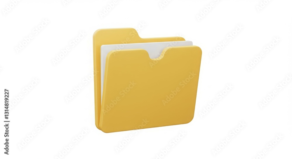 A 3D render of a yellow file folder containing white papers. Organization and storage concept. A 3D render of a yellow file folder containing white papers. Organization and storage concept.
