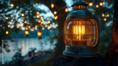 Golden Christmas lights illuminate a winter night's lantern decoration lamp in tree photo