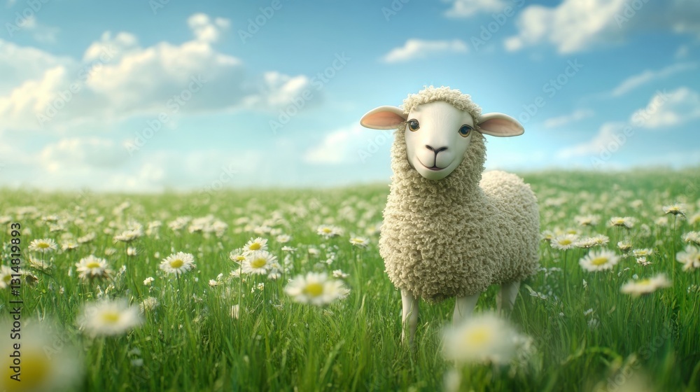 Fototapeta premium A fluffy sheep standing peacefully amidst a field of wildflowers