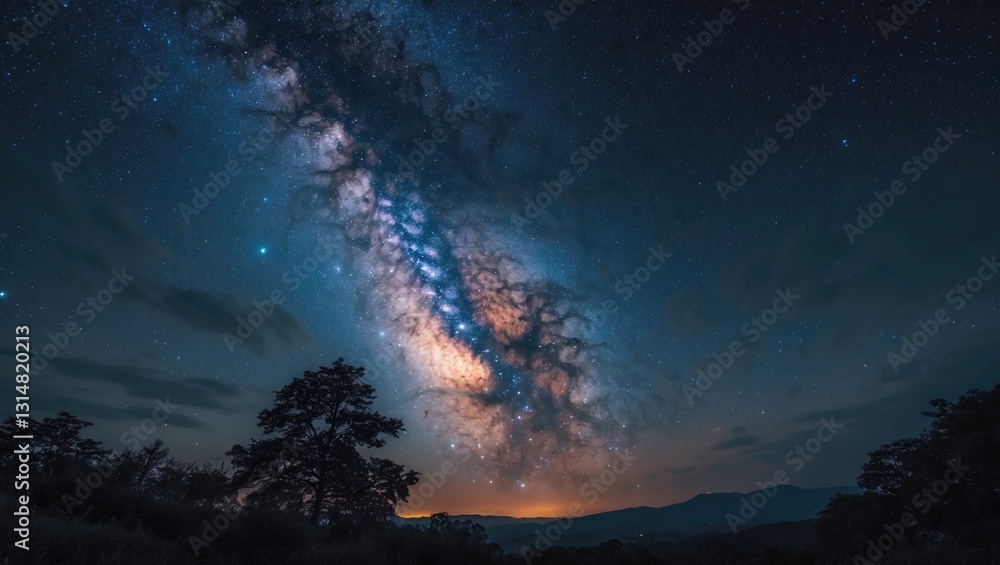 Naklejka premium Star in the night sky along with the Milky Way galaxy photographed in a long exposure with detail.