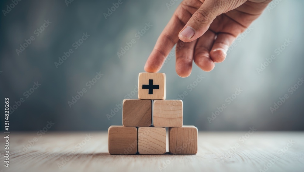 Obraz premium Positive aspects; added value, benefits, additional, personal development, growth mindset, positive thinking, opportunities, emerging market. Arranging the cubes with a symbol to represent positive...