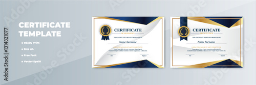 Elegant A4 certificate template design with gold, blue accents; ready print