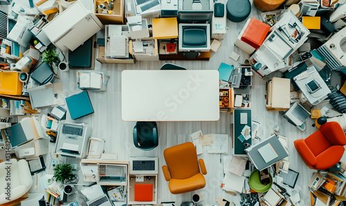 Aerial View of Chaotic Office Space with Disorganized Furniture and Equipment