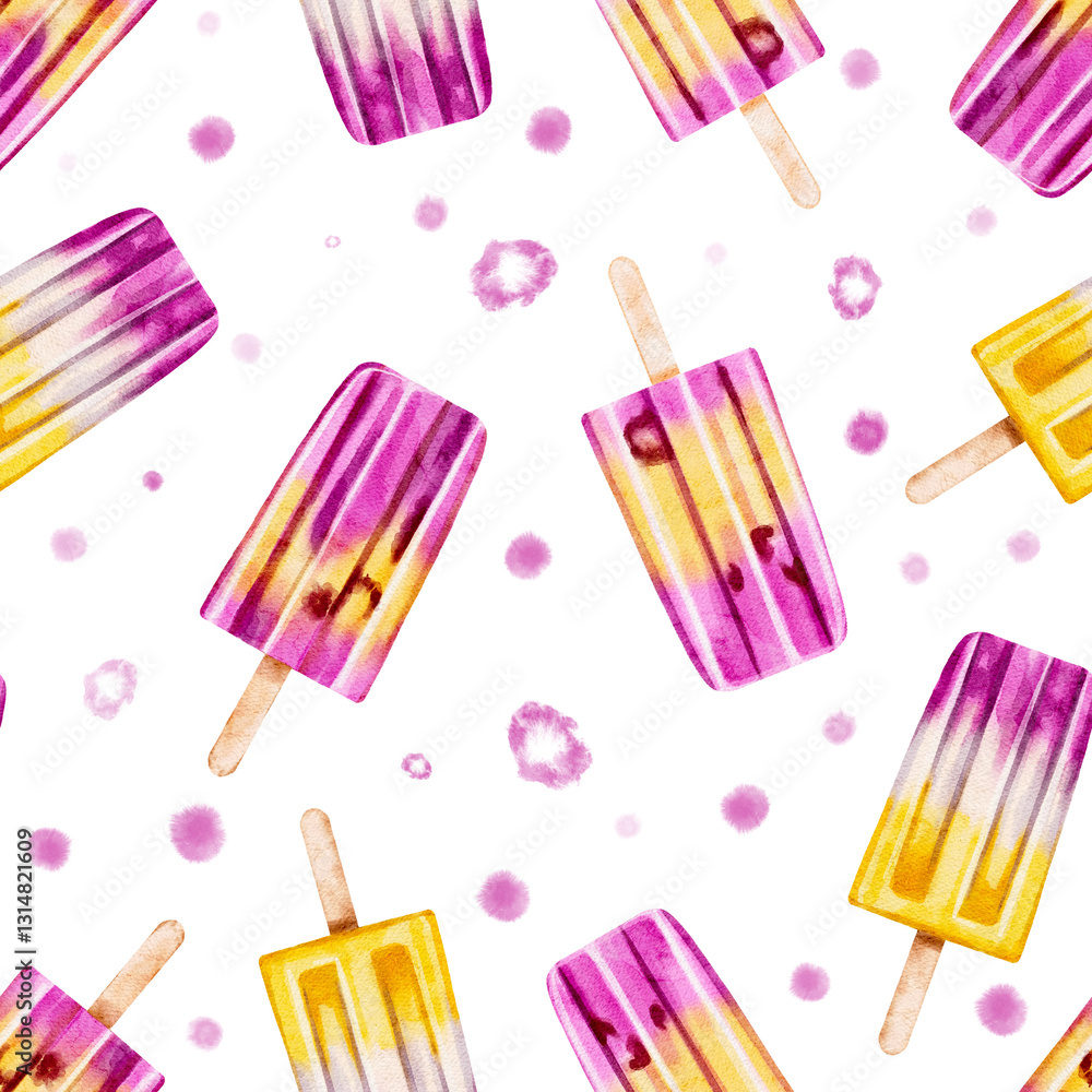 Pink ice cream on a stick with pink spots on the background, seamless watercolor pattern Pink ice cream on a stick with pink spots on the background, seamless watercolor pattern