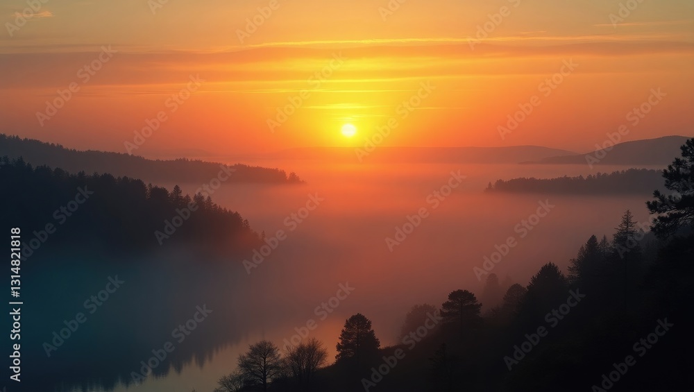 Obraz premium Astonishing Sunrise Above Misty Landscape. Beautiful View Of Foggy Morning Sky With Rising Sun Over Misty Forest And River. Early Summer Nature.