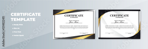 Elegant A4 certificate templates; black, gold design; ready print