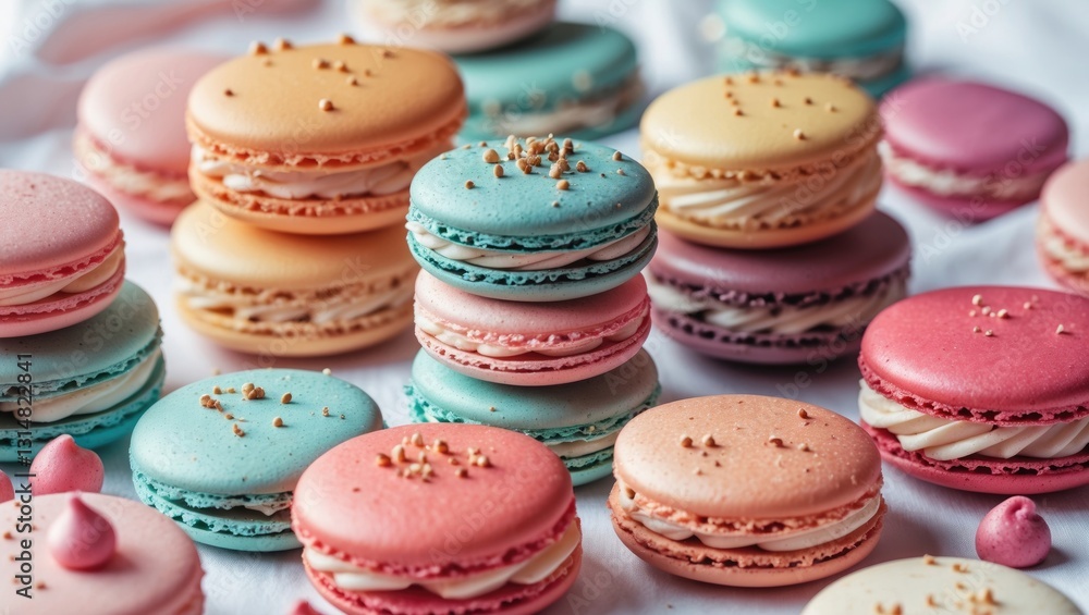Colorful macarons arranged on a white background. Colorful macarons arranged on a white background.