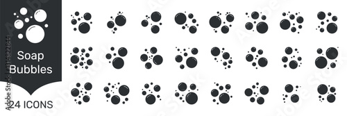 Soap Bubbles Solid Icon. Set Of Floating Soapy Air Bubbles With Glossy Highlights Silhouette Symbol. Isolated Vector Illustration
