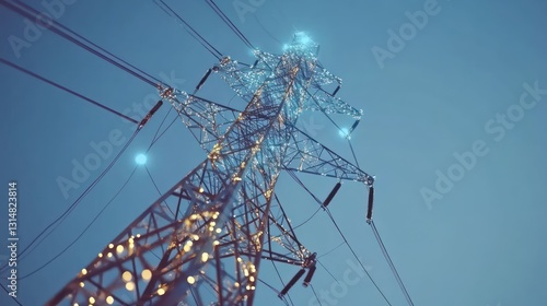 High-voltage power lines at twilight