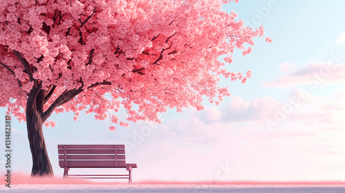 Pink cherry blossom tree provides a serene spot for reflection beside a bench on a peaceful day