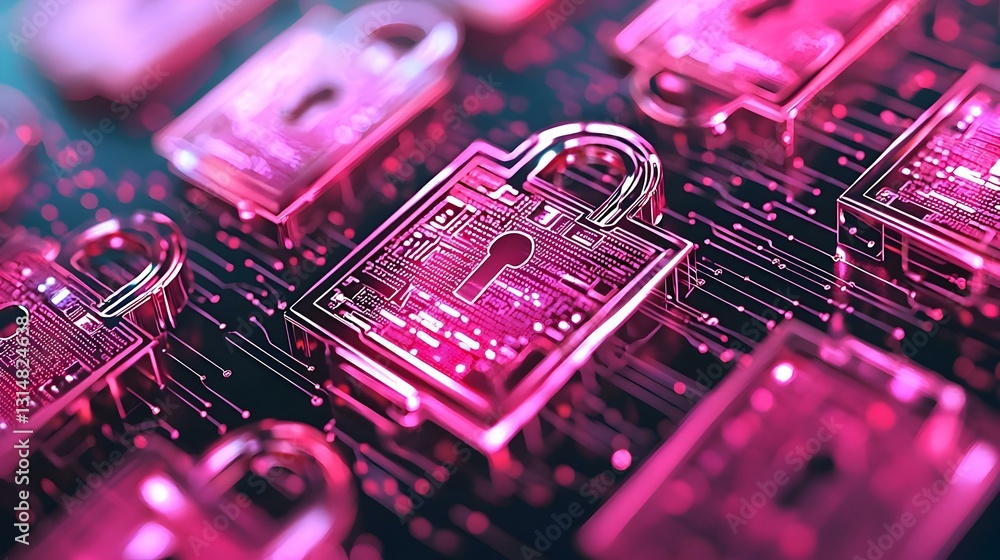 Futuristic Digital Locks on Circuit Board with Glowing Effects Futuristic Digital Locks on Circuit Board with Glowing Effects