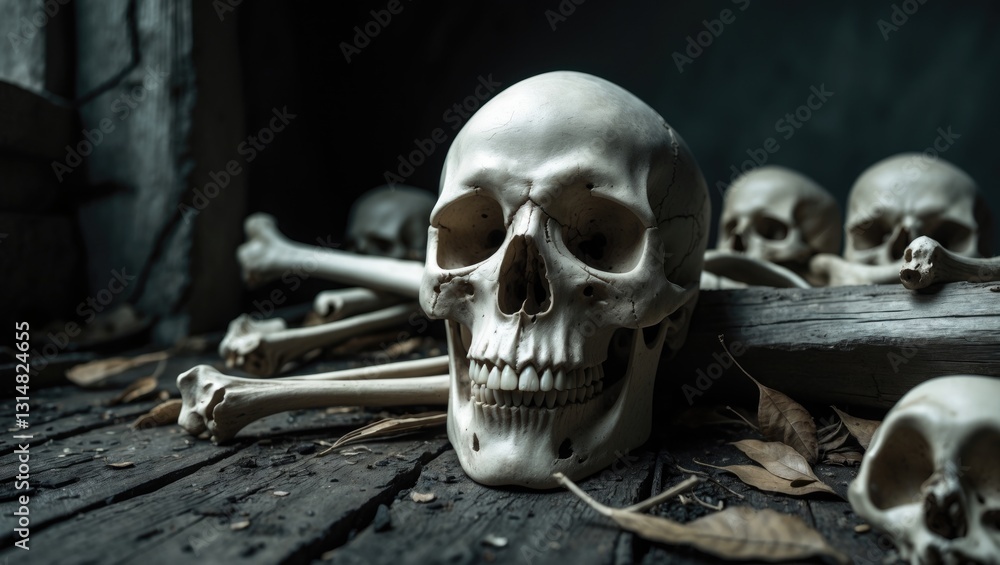 Skulls and bones arranged on decaying timber and a dark floor in an old room with dim light and a dark background. Skulls and bones arranged on decaying timber and a dark floor in an old room with dim light and a dark background.