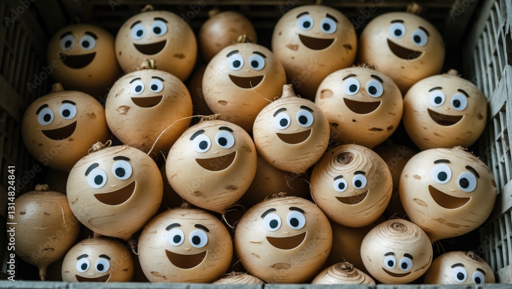 Create a face on the fruit of a collection of emojis. The concept of joy. Expressions and humorous faces.