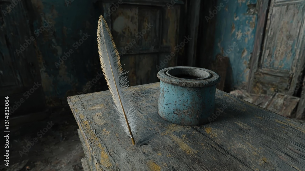 Aged feather and inkwell on weathered antique table in abandoned room Aged feather and inkwell on weathered antique table in abandoned room