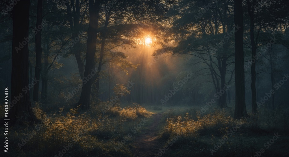 Fototapeta premium Dark woodland landscape with sunlight filtering through the forest.