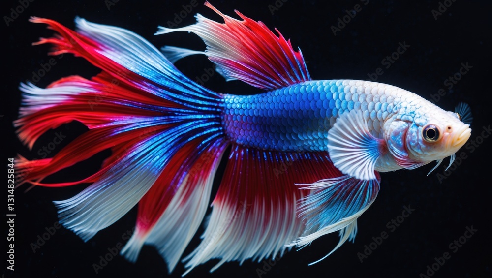 Fototapeta premium Siamese Fighting fish, colorful betta, Fish displayed against a black background. The fish's head moves in different directions while swimming. Stunning colors.