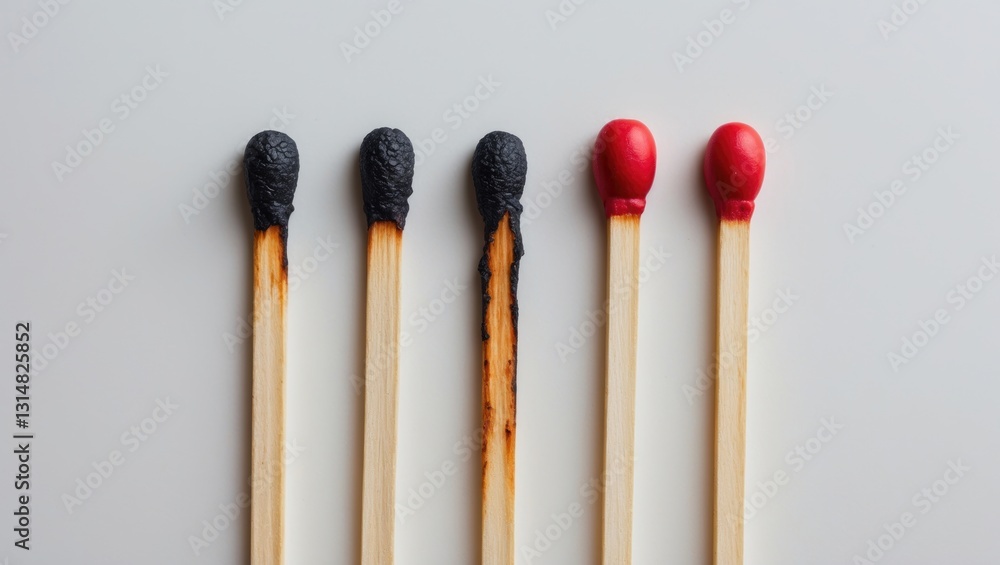 Row of charred matches, one has endured and maintained its red head, concept for endurance, risk avoidance and safety, light background with copy space, selected focus. Row of charred matches, one has endured and maintained its red head, concept for endurance, risk avoidance and safety, light background with copy space, selected focus.