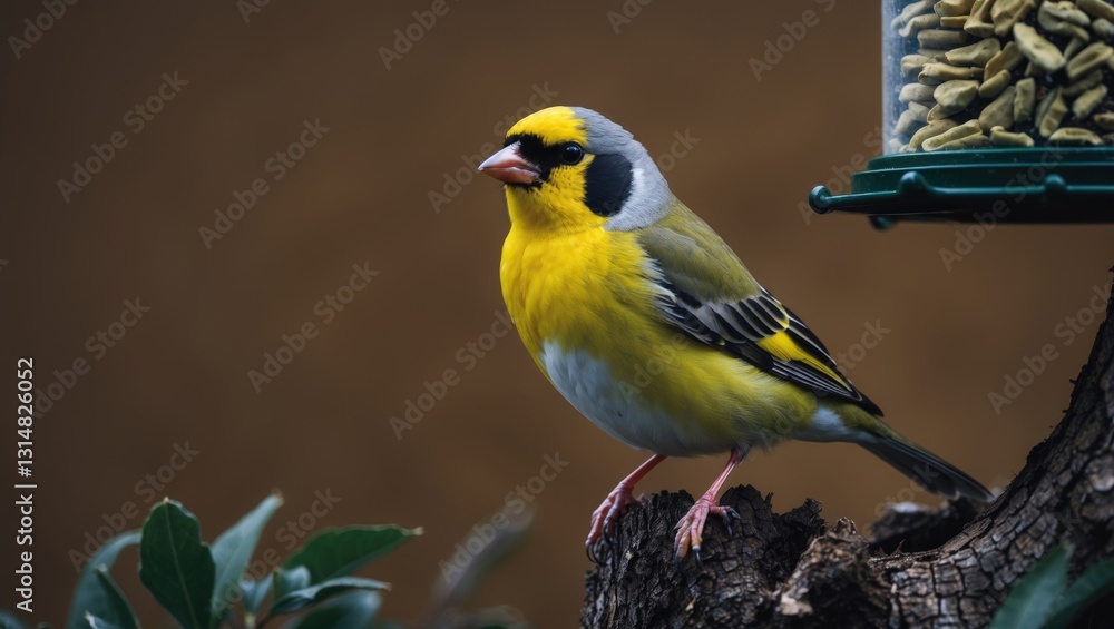 Naklejka premium Greenfinch, a small bird with a bright yellow body. Songbird sitting on a tree root. Background featuring a brown tone. Winter garden bird feeding from a feeder. Fauna.