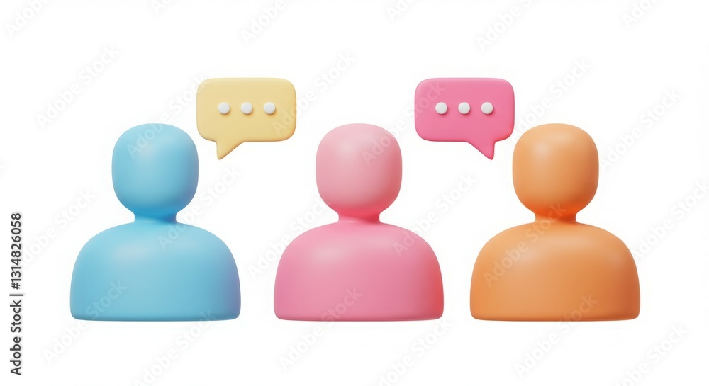 Pastel-colored 3D figures engage in online conversation, represented by speech bubbles. Pastel-colored 3D figures engage in online conversation, represented by speech bubbles.