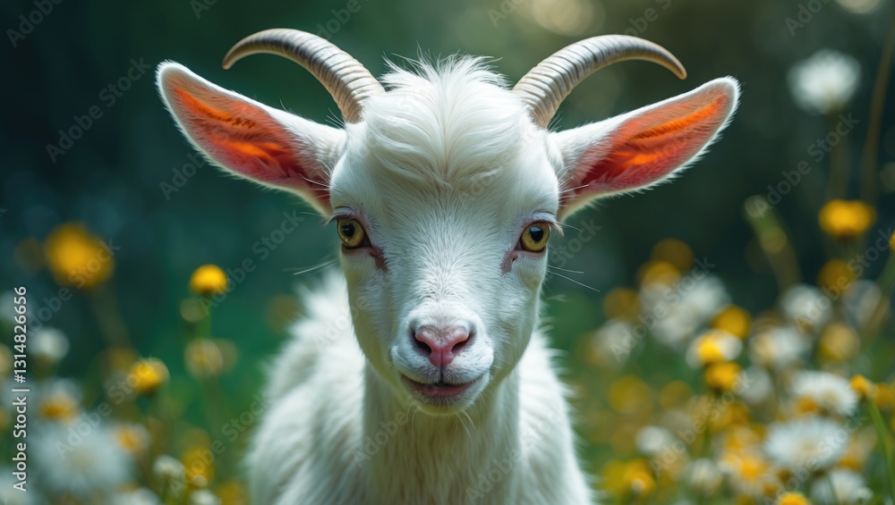 Obraz premium Cute young white goat gazing directly at the camera.