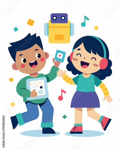 Two children giggling as they use coding cards to program a toy robot to dance and sing in a playful coding class.. Vector illustration