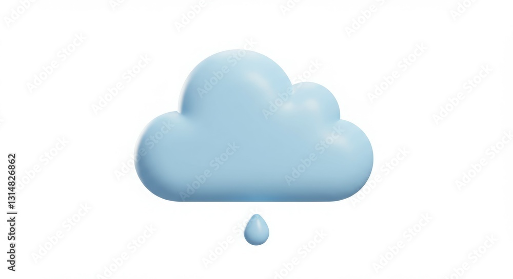 A light blue 3D cloud with a single drop of rain. A light blue 3D cloud with a single drop of rain.