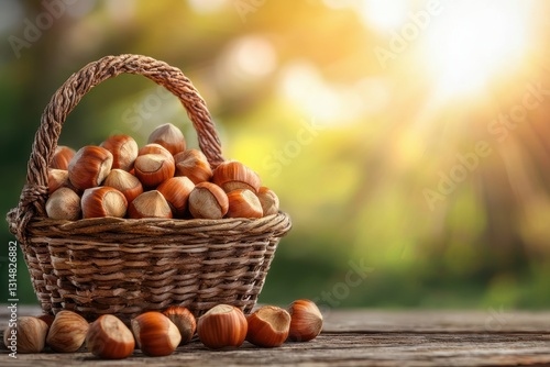 Hazelnuts in a basket, with a forest view and sun, brown in a rustic nut scene