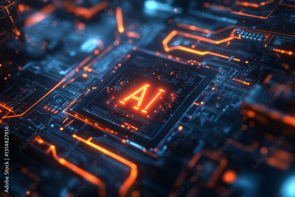 AI chip on futuristic circuit board with glowing connections and orange-blue technology theme AI chip on futuristic circuit board with glowing connections and orange-blue technology theme