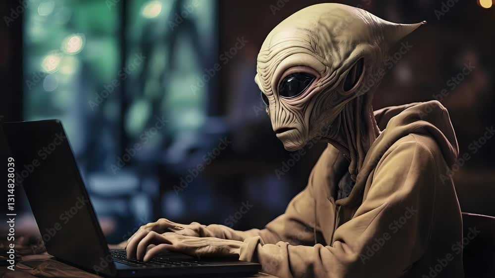Alien worker typing on laptop inside dark coffee shop, representing ...