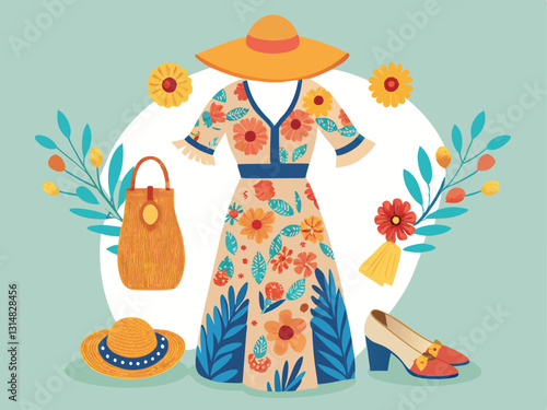 bohemian summer dress with floral patterns, a straw hat, and sandals