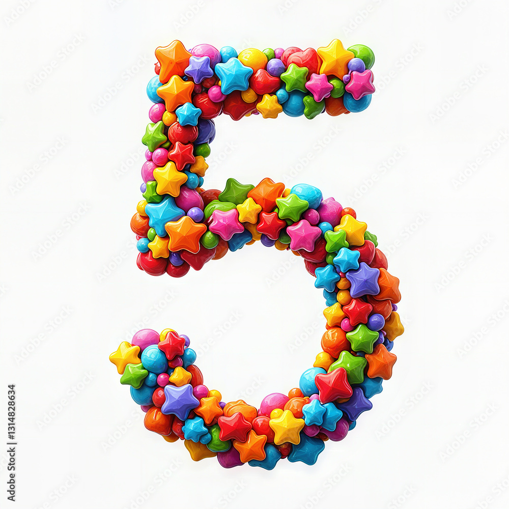 A vibrant number five composed of multicolored star-shaped candies, perfect for a 5th birthday celebration, set against a white background. A vibrant number five composed of multicolored star-shaped candies, perfect for a 5th birthday celebration, set against a white background.