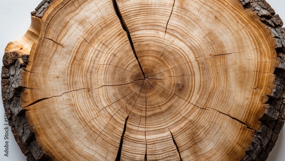 Naklejka premium Large circular wood cross section featuring a tree ring texture pattern and cracks, isolated on a white background. Detailed organic surface from nature.