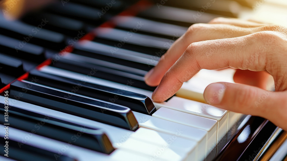 Fototapeta premium A close-up of a pianist’s hand playing a piano, highlighting the elegant movement of fingers on the black and white keys, bathed in warm natural light. Selective focus.