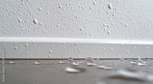 Close-up view shows droplets and water pooling at the baseboard level, highlighting wall texture and the state of the flooring. Condition suggests potential water damage concerns