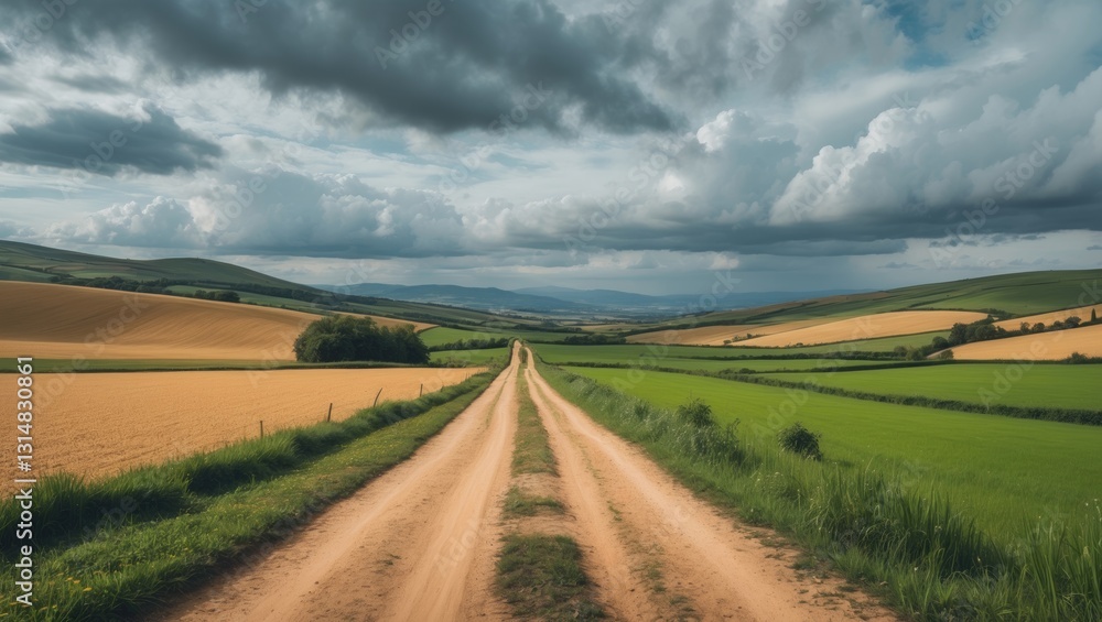 Fototapeta premium Sunny day on a dirt path through beautiful countryside featuring green fields beneath a cloudy sky.