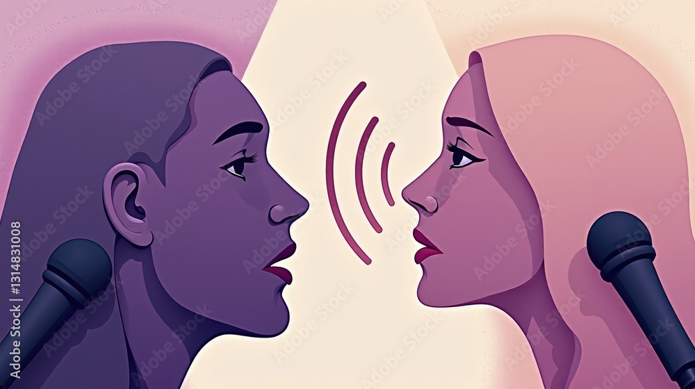 A stock illustration depicting Political debate in Purple and soft beige tones, featuring Diagonal shapes and conceptual metaphors of Microphones and sound waves A stock illustration depicting Political debate in Purple and soft beige tones, featuring Diagonal shapes and conceptual metaphors of Microphones and sound waves