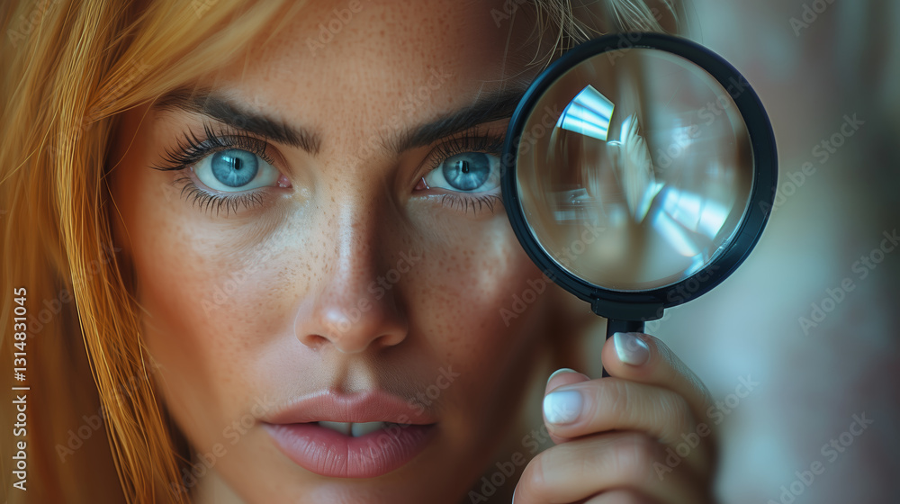 Close-Up Portrait with Magnifying Glass and Freckles Close-Up Portrait with Magnifying Glass and Freckles