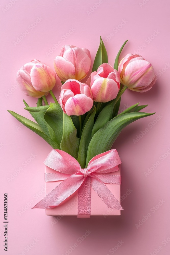 Delicate pink tulips in a matching gift box with a satin bow on a soft pink background for a romantic gift Delicate pink tulips in a matching gift box with a satin bow on a soft pink background for a romantic gift
