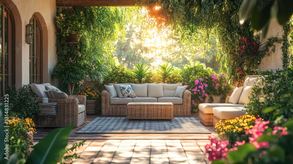 Naklejka premium A serene outdoor seating area surrounded by lush greenery and colorful flowers, illuminated by soft sunlight.
