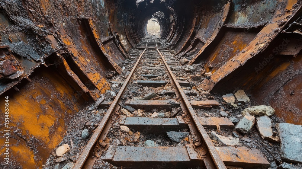 Abandoned railway tunnel reveals rusted metal and decaying tracks ahead Abandoned railway tunnel reveals rusted metal and decaying tracks ahead