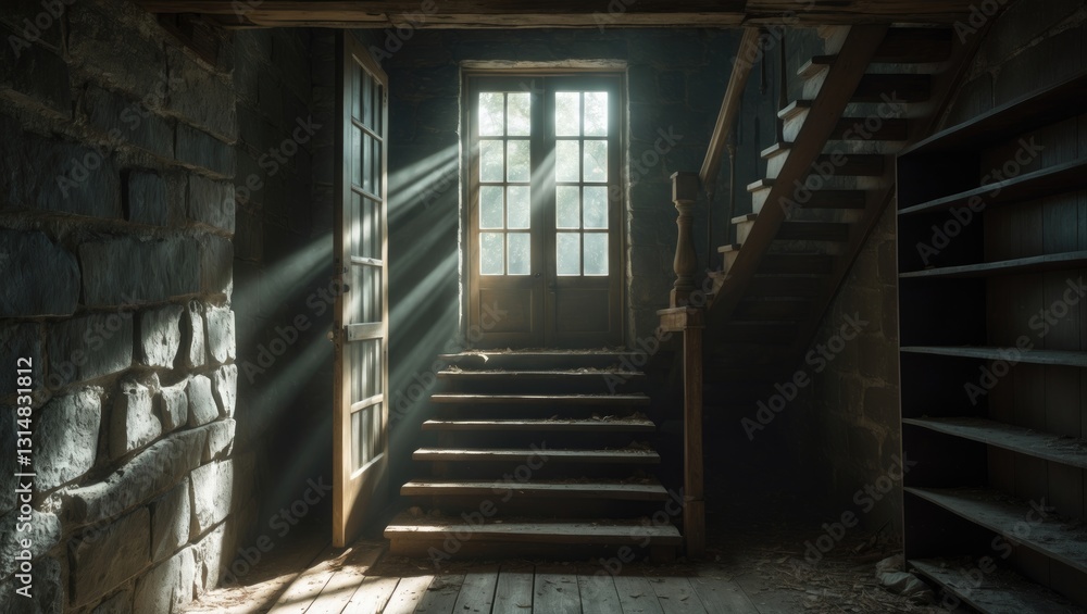 Fototapeta premium Dark and eerie wooden cellar door ajar at the base of old stone stairs, with bright sunlight rays illuminating the floor and casting shadows in a scary, sinister abandoned basement room underground.