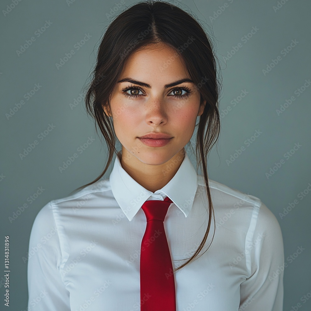 Close-up portrait of a confident young woman in white shirt and red tie with serious expression Close-up portrait of a confident young woman in white shirt and red tie with serious expression