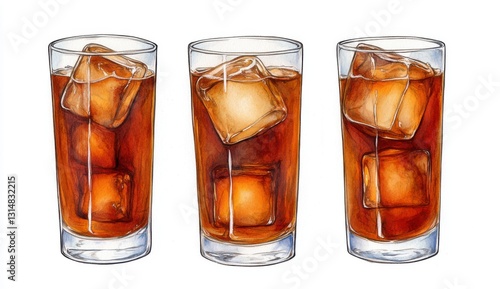 Three Watercolor Glasses of Iced Brown Beverage on White