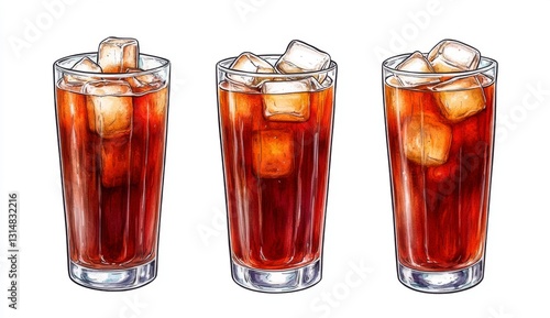 Watercolor Illustration of Three Glasses of Iced Cola