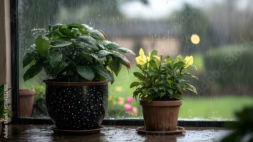 Two potted green plants sit near a window during heavy rain photo