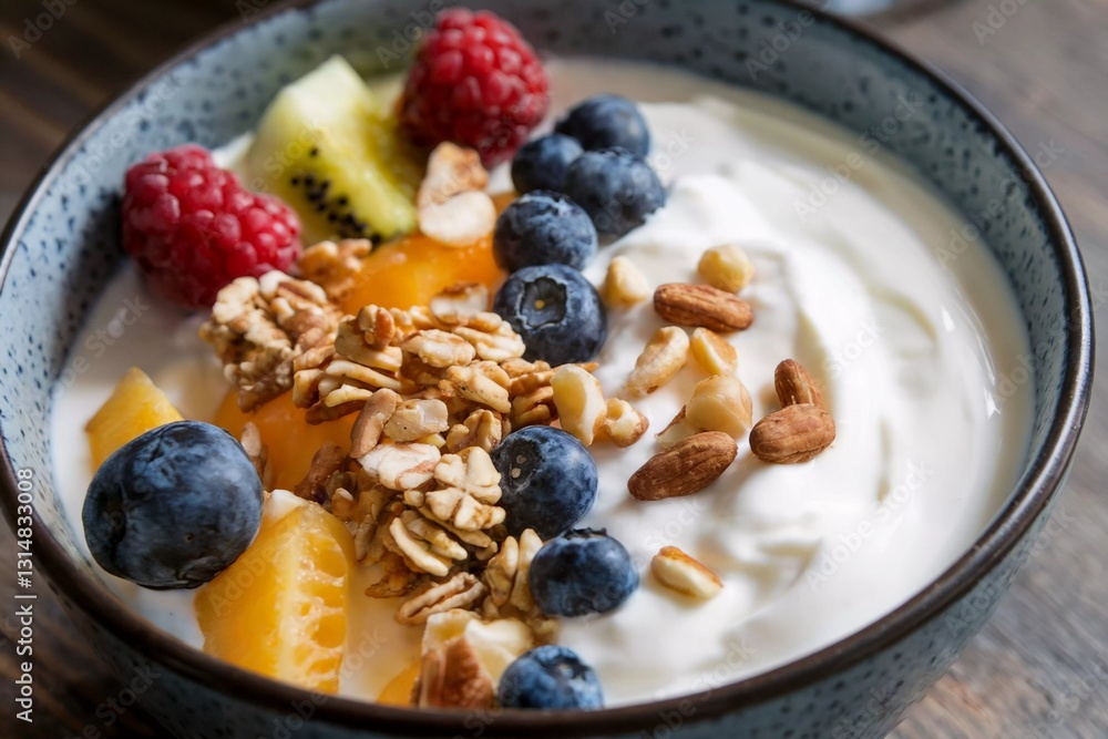 Colorful bowl of yogurt topped with fresh fruits and granola on a wooden table Colorful bowl of yogurt topped with fresh fruits and granola on a wooden table